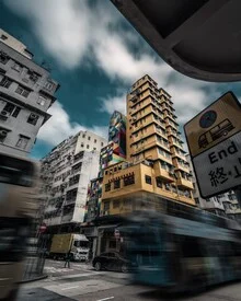 Photo art by Georges Amazo: Yellow bus on a street in Hong Kong