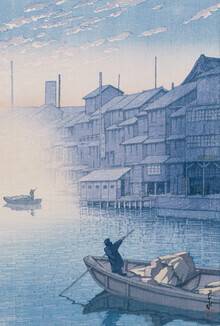 Japanese Vintage Art, Osaka Dotonbori no asa (Morning at Dotonbori in Osaka) by Hasui Kawase