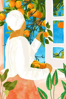 Illustration by Uma Gokhale: a colorful depiction of a woman with oranges