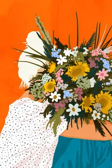 Illustration of a woman holding colorful flowers: cheerful, vibrant colors in a bohemian style