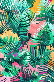 Wall art featuring colorful palms and tropical plants in soft hues