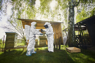Sophia Hauk, Der Protestonaut und der Imker vor einem Bienenstock