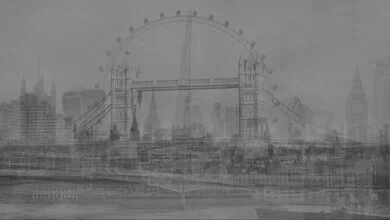 Photo art by Virginia Garfunkel: London skyline featuring Big Ben and the London Eye