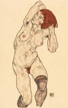 Illustration by Egon Schiele: a woman in black stockings, soft colors and clear lines.