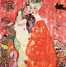 Illustration by Gustav Klimt: women friends in soft colors and Art Nouveau elements.