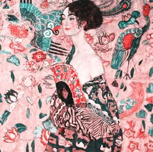 Illustration of a woman with a fan in soft pink tones, conveying a cheerful mood.