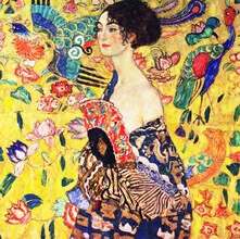 Illustration by Gustav Klimt: woman with fan, featuring Art Nouveau elements and soft colors