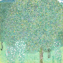 Illustration by Gustav Klimt: rosebushes under trees with gentle colors.