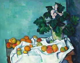 Wall art by Paul Cézanne: still life with apples and primroses in soft colors