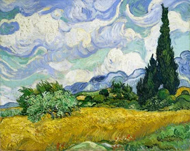 Wall art by Vincent van Gogh: wheat field with cypress trees under a blue sky.