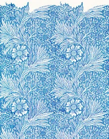 Illustration by William Morris: stylized blue marigolds on a light background.