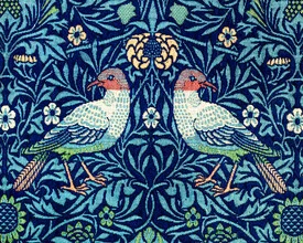Wall art featuring colorful birds in a playful pattern by William Morris