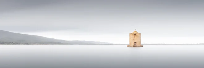 Photo art by Ronny Behnert: tranquil landscape with a mill in misty Tuscany