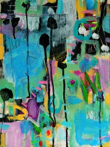 Colorful wall art by Marisol Evora featuring abstract shapes and a cheerful color palette