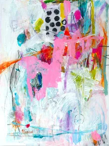 Wall art featuring colorful stroke patterns in pink and blue, conveying a lively mood.
