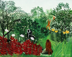 Illustration by Henri Rousseau: tropical forest with monkeys, vibrant colors and calm mood