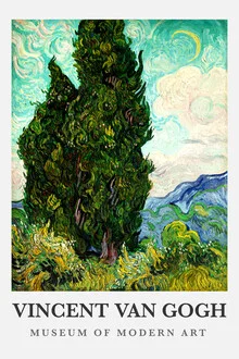 Illustration by Vincent van Gogh: cypress trees under a clear sky