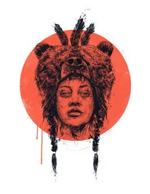 Illustration of a shaman with geometric shapes in black, white, and red
