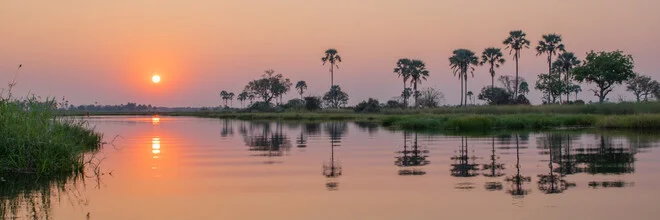 Panorama Sonnenuntergang über dem Okavango Delta in Botswana, sanfte Farben und ruhige Stimmung.