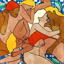 Illustration by Uma Gokhale: women in a Turkish bath, vibrant colors and playful patterns.
