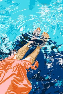 Buntes Wandbild: Frau mit Füßen im Wasser und Wellen, entspannte Tropenstimmung