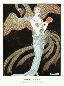 Illustration by George Barbier: elegant evening dress in soft colors