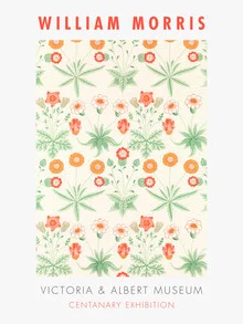 Illustration by William Morris: colorful exhibition poster featuring floral patterns.
