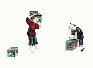 Illustration of two men with tea boxes in traditional Chinese painting