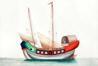 Illustration of an old Chinese ship gently rocking on the water.