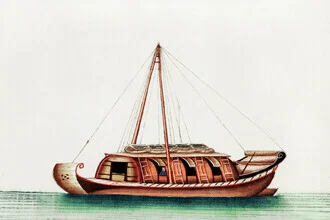 Illustration of a river freight junk on calm waters, gentle colors and a nostalgic mood.