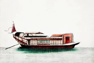 Illustration of a junk boat with soft colors and a nostalgic feel