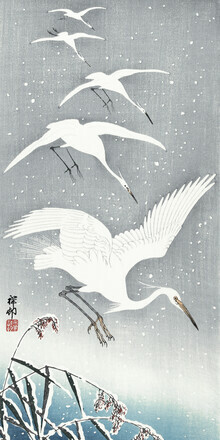 Japanese Vintage Art, Reiher im Landeanflug im Schnee
