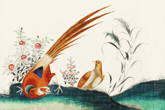 Vintage Nature Graphics, Chinesische Malerei mit zwei Vögeln unter Blumen (Deutschland, Europa)