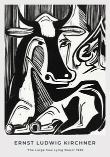 Illustration by Ernst Ludwig Kirchner: large cow resting peacefully in a meadow