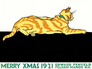 Illustration by Edward Penfield: cute cat celebrating Christmas