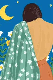 Illustration by Uma Gokhale: a woman admires the moon and stars