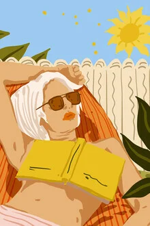 Illustration by Uma Gokhale: Woman reading in a colorful, relaxing atmosphere.
