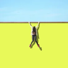 Colorful photo art by Pascal Krumm: girl playing in the shade under a blue sky.