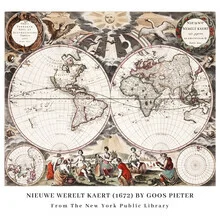 Illustrated world map by Pieter Goos featuring fine details and soft colors