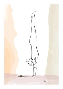 Illustration of a handstand in the yoga pose Adho Mukha Vrksasana, conveying calm and balance.