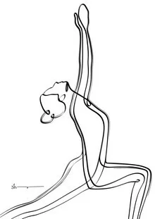Abstract representation of a yoga pose in soft colors and flowing shapes.
