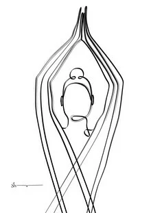 Abstract illustration of a tree pose in yoga style, soft colors and harmonious shapes.