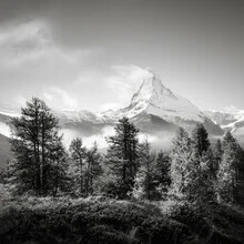 Black-and-white photo art: soft clouds over the Matterhorn in Switzerland