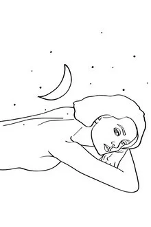 Illustration by Uma Gokhale: Woman with moon and stars in minimalist lines.