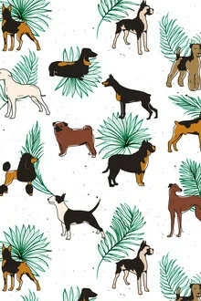 Illustration of a playful dog with palm trees in the background, friendly and colorful mood.