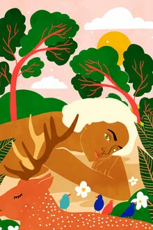 Colorful illustration of a woman surrounded by plants and a deer in a vibrant jungle