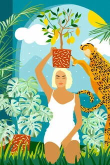 Wall art by Uma Gokhale: colorful illustration of a woman with a cheetah in the jungle