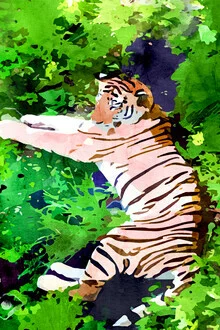 Wall art by Uma Gokhale: colorful depiction of a tiger in the jungle.
