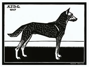 Wall art featuring a woodblock illustration of a dog in black and white, soft lines and clear shapes.