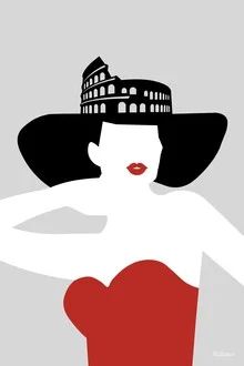 Illustration of a stylish woman in Rome, surrounded by fashion elements